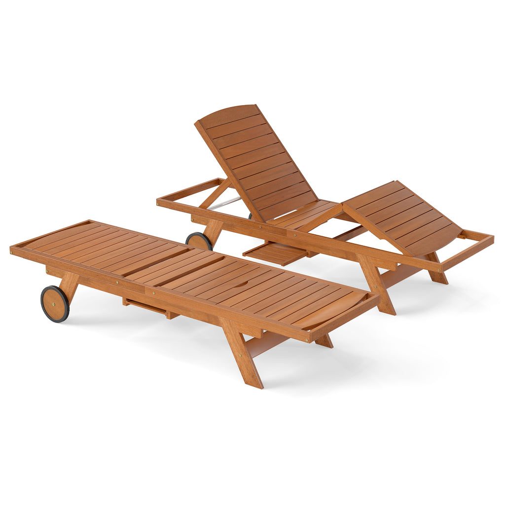 Outdoor Chaise Lounge Chair with Wheels 4-Position Patio Wood Recliner with Adjustable Backrest