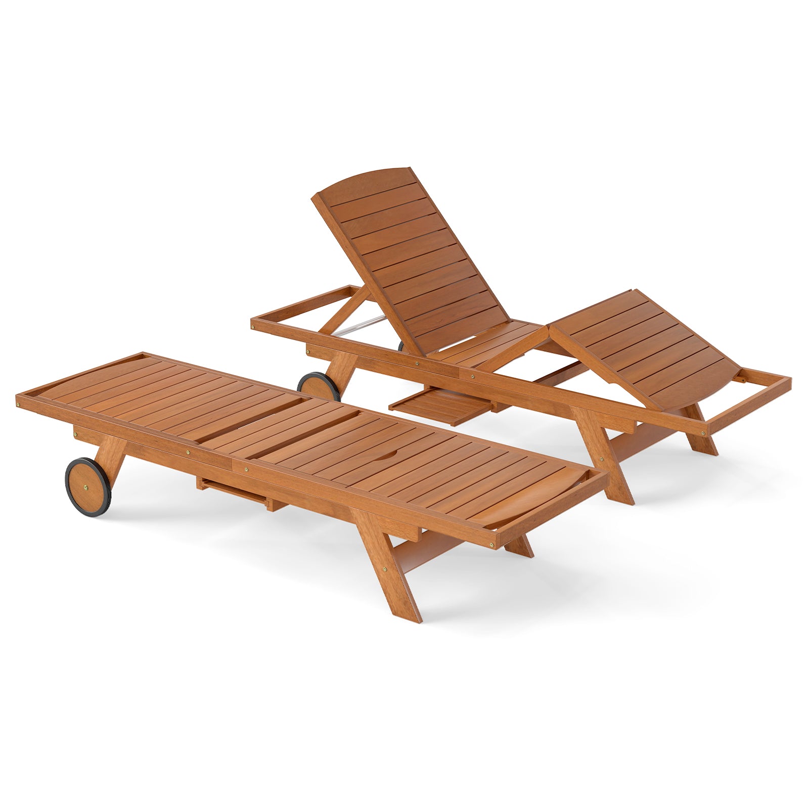 Outdoor Chaise Lounge Chair with Wheels 4-Position Patio Wood Recliner with Adjustable Backrest