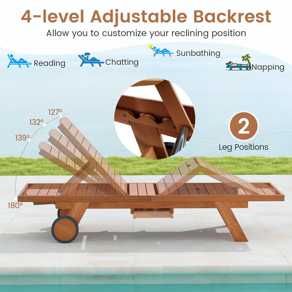 Outdoor Chaise Lounge Chair with Wheels 4-Position Patio Wood Recliner with Adjustable Backrest