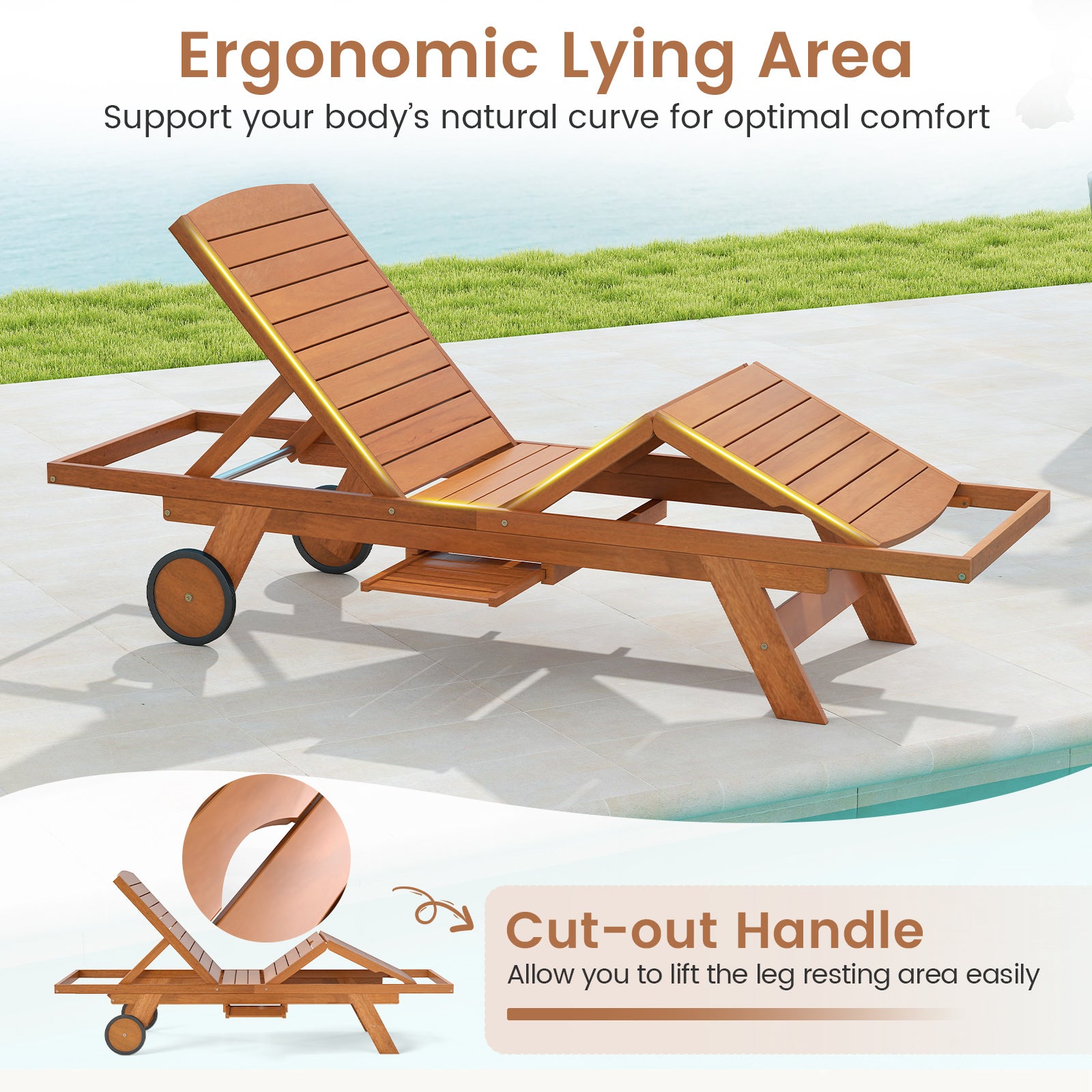 Outdoor Chaise Lounge Chair with Wheels 4-Position Patio Wood Recliner with Adjustable Backrest