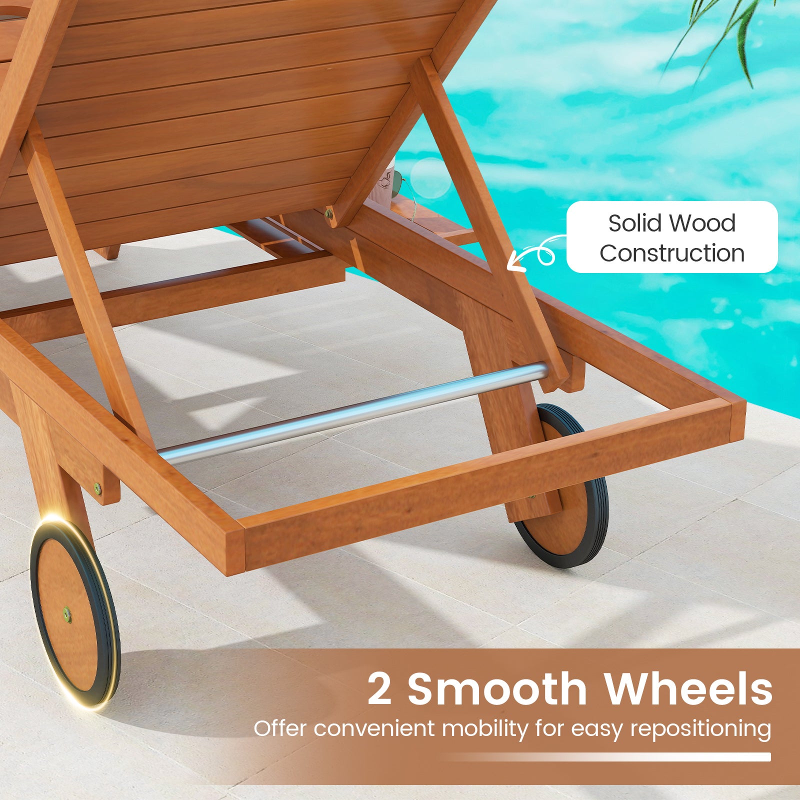 Outdoor Chaise Lounge Chair with Wheels 4-Position Patio Wood Recliner with Adjustable Backrest