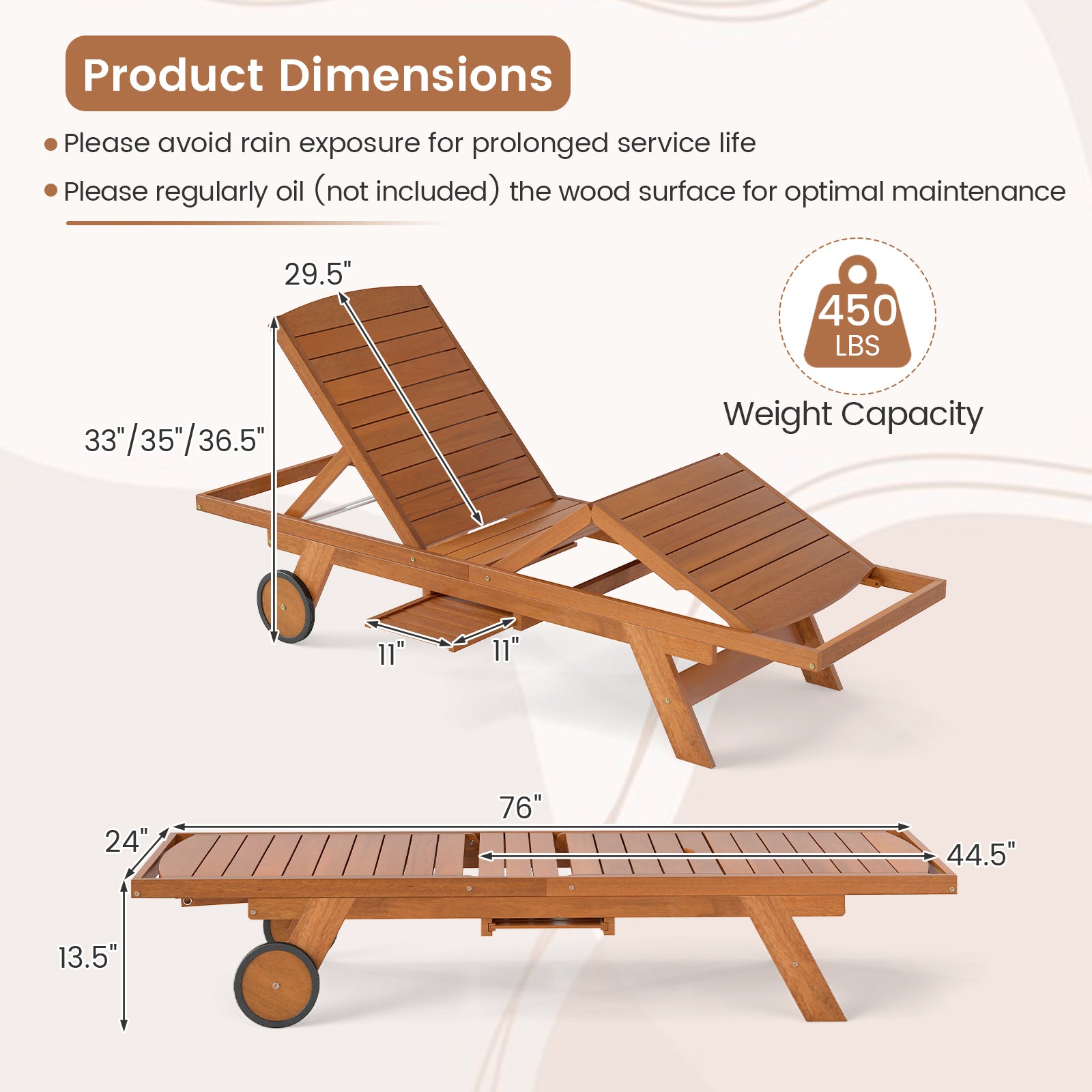 Outdoor Chaise Lounge Chair with Wheels 4-Position Patio Wood Recliner with Adjustable Backrest