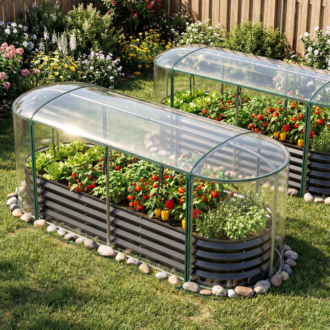Outdoor Color Steel Raised Garden Bed with Greenhouse Cover Roll-up Window-Black