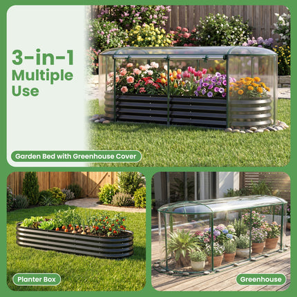 Outdoor Color Steel Raised Garden Bed with Greenhouse Cover Roll-up Window-Black