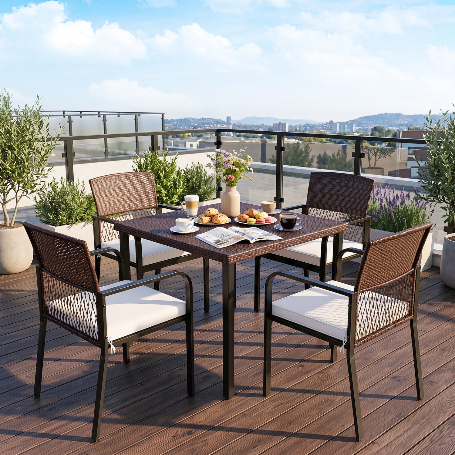 Outdoor Dining Chairs Set of 4 with Padded Cushion and Adjustable Feet for Patio-Beige