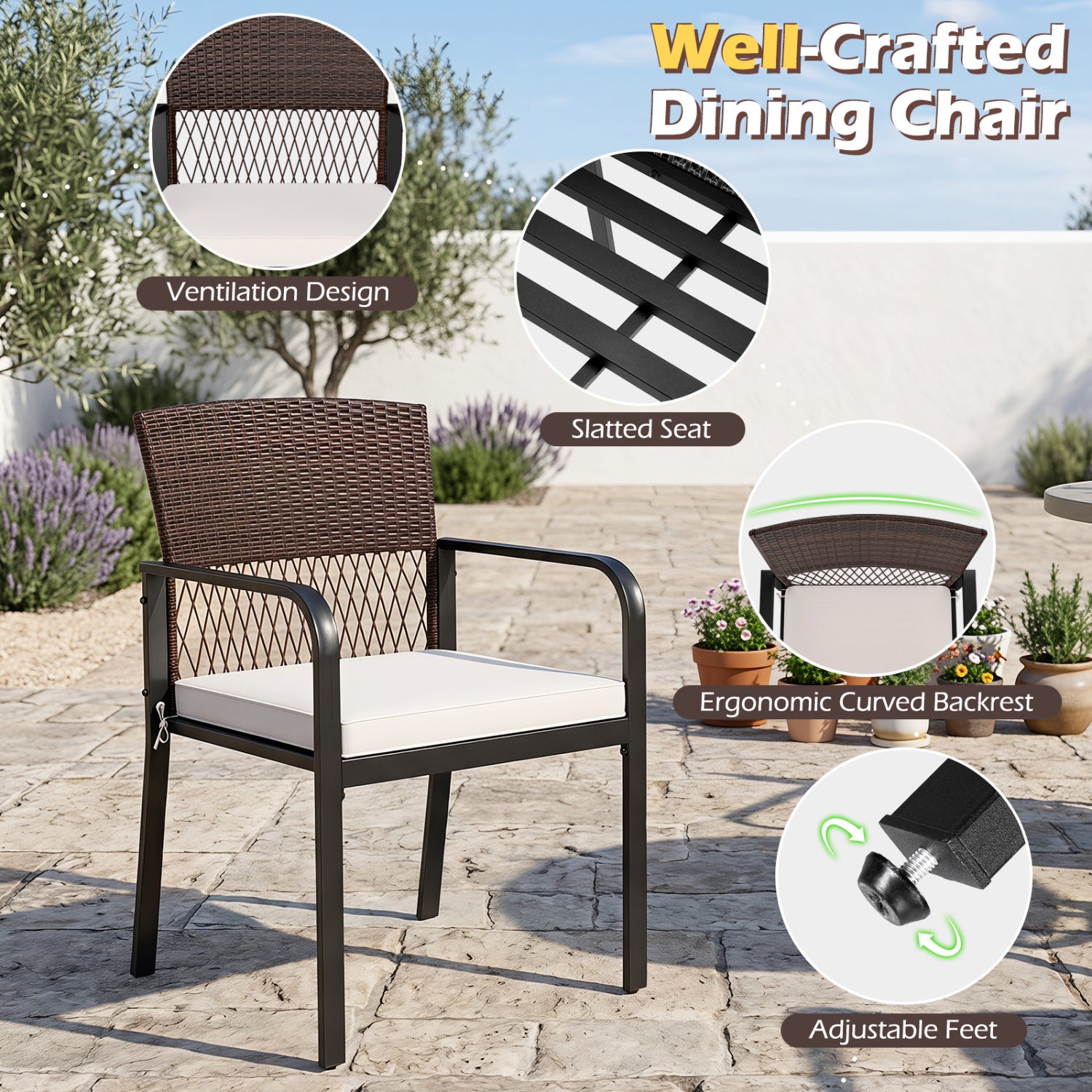 Outdoor Dining Chairs Set of 4 with Padded Cushion and Adjustable Feet for Patio-Beige