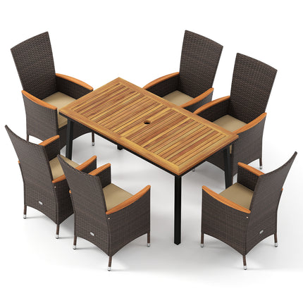 Outdoor Dining Set for 6 Patio Wicker Armchairs and Acacia Wood Table