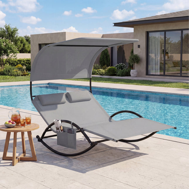 Outdoor Dual Rocker Sunbed 2-Person Canopied Patio Lounger with Detachable Headrests-Gray