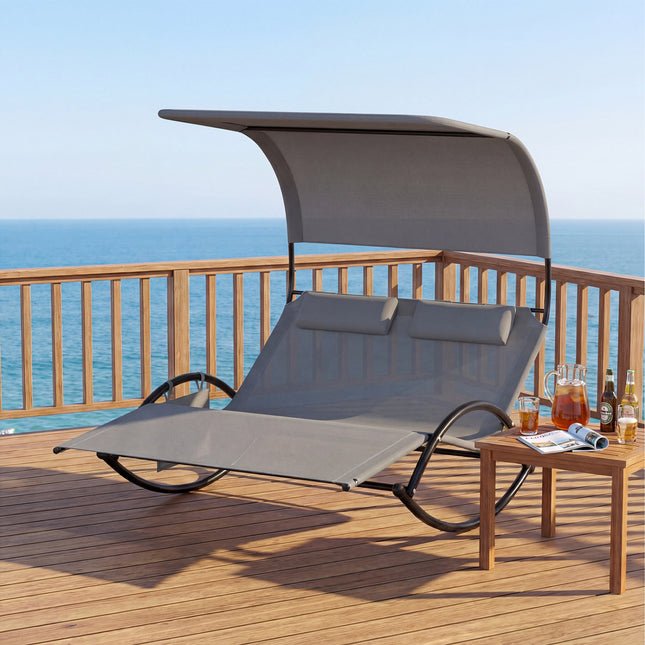 Outdoor Dual Rocker Sunbed 2-Person Canopied Patio Lounger with Detachable Headrests-Gray