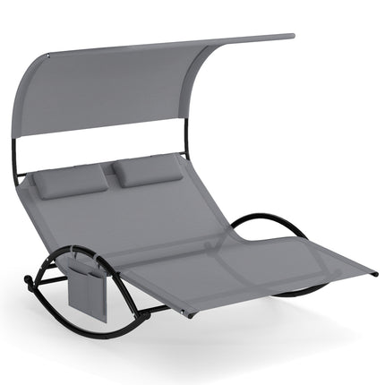 Outdoor Dual Rocker Sunbed 2-Person Canopied Patio Lounger with Detachable Headrests-Gray