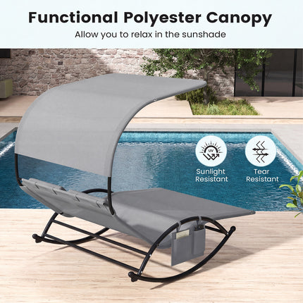 Outdoor Dual Rocker Sunbed 2-Person Canopied Patio Lounger with Detachable Headrests-Gray