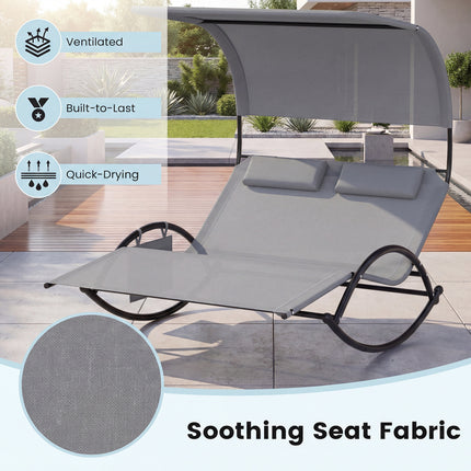 Outdoor Dual Rocker Sunbed 2-Person Canopied Patio Lounger with Detachable Headrests-Gray
