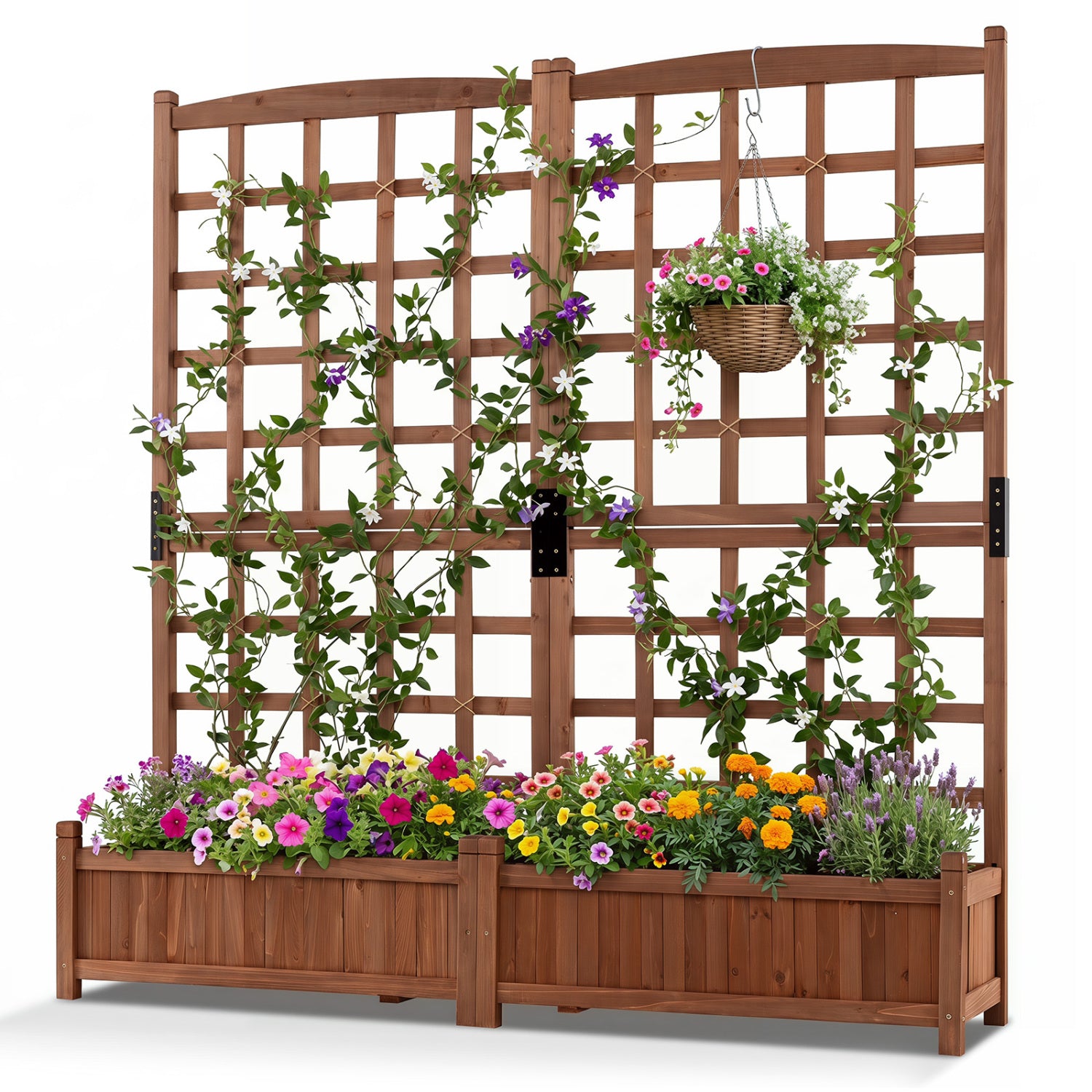 Outdoor Dual Wooden Raised Garden Bed with Trellis and Drainage Holes-Rustic Brown