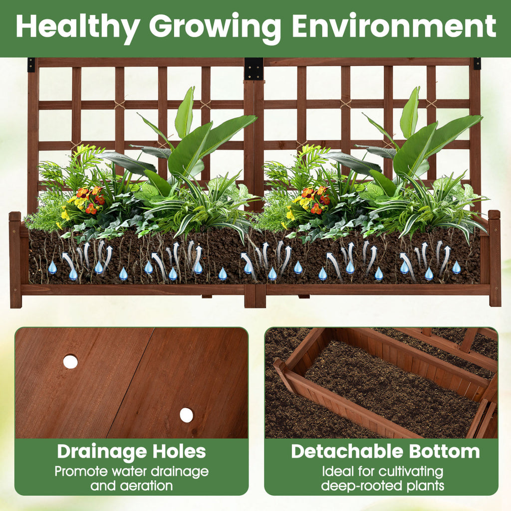 Outdoor Dual Wooden Raised Garden Bed with Trellis and Drainage Holes-Rustic Brown