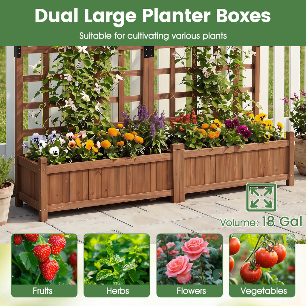 Outdoor Dual Wooden Raised Garden Bed with Trellis and Drainage Holes-Rustic Brown