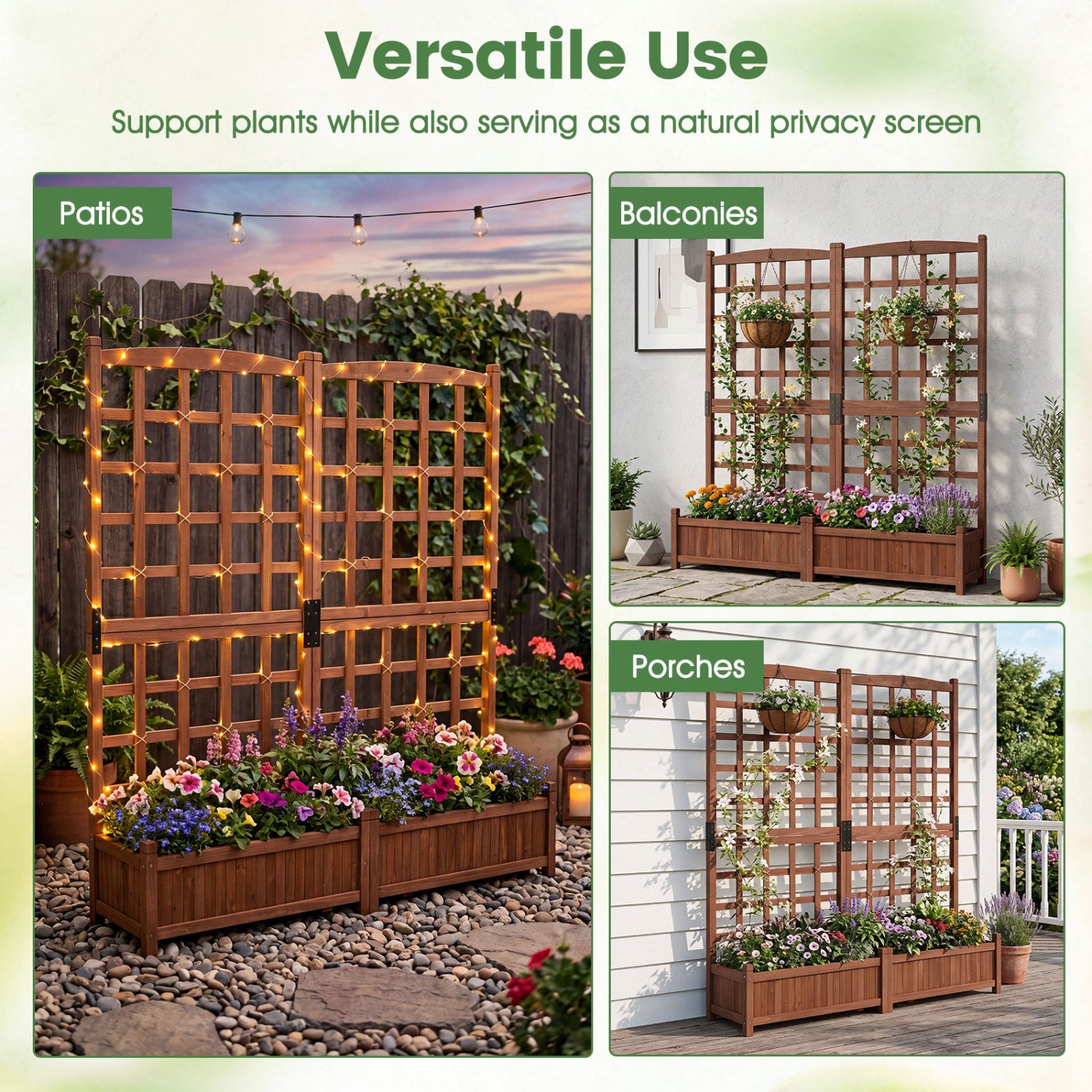 Outdoor Dual Wooden Raised Garden Bed with Trellis and Drainage Holes-Rustic Brown
