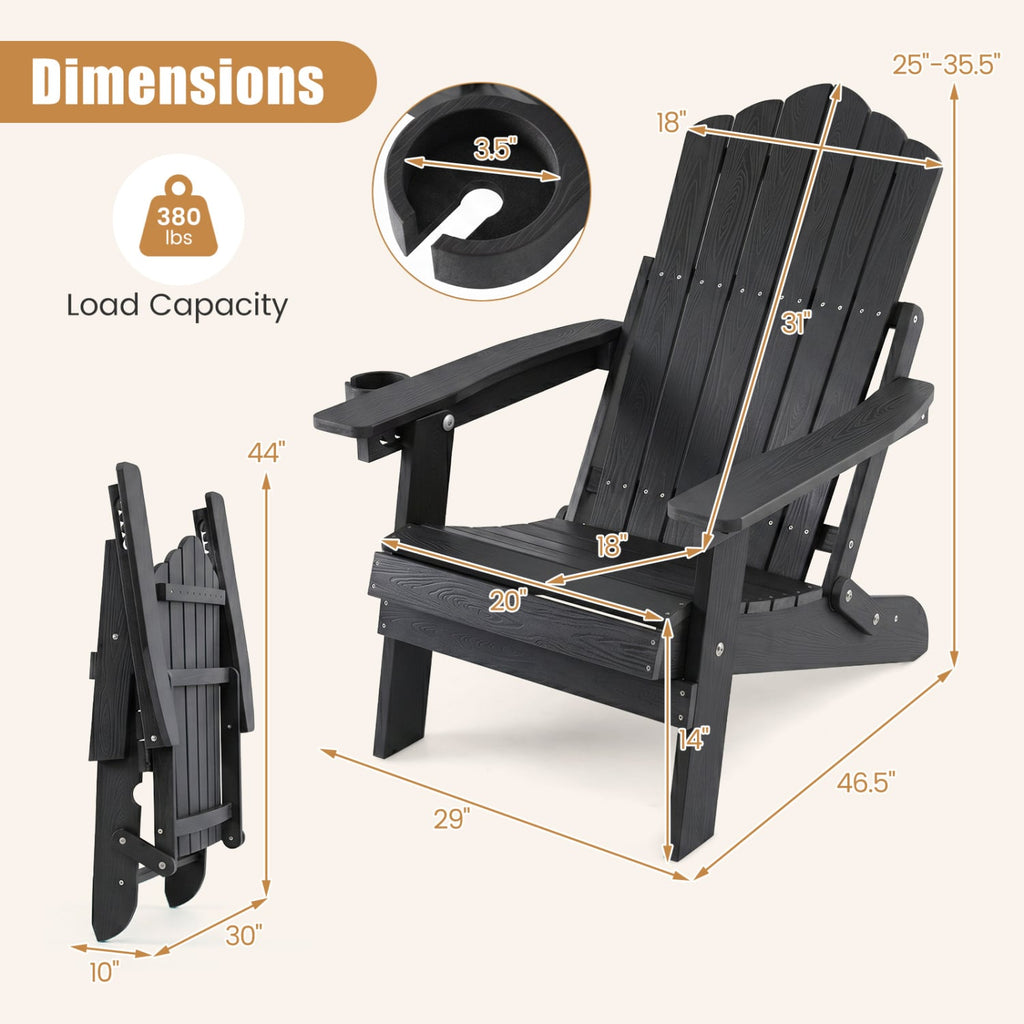 Outdoor Folding Adirondack Chair with Cup Holder and 5-Level Backrest-Black