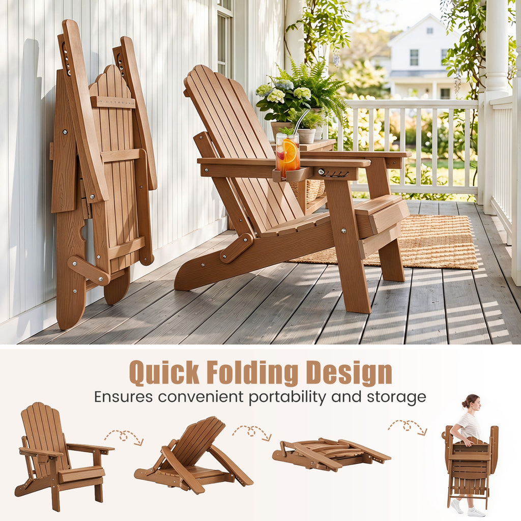Outdoor Folding Adirondack Chair with Cup Holder and 5-Level Backrest-Coffee