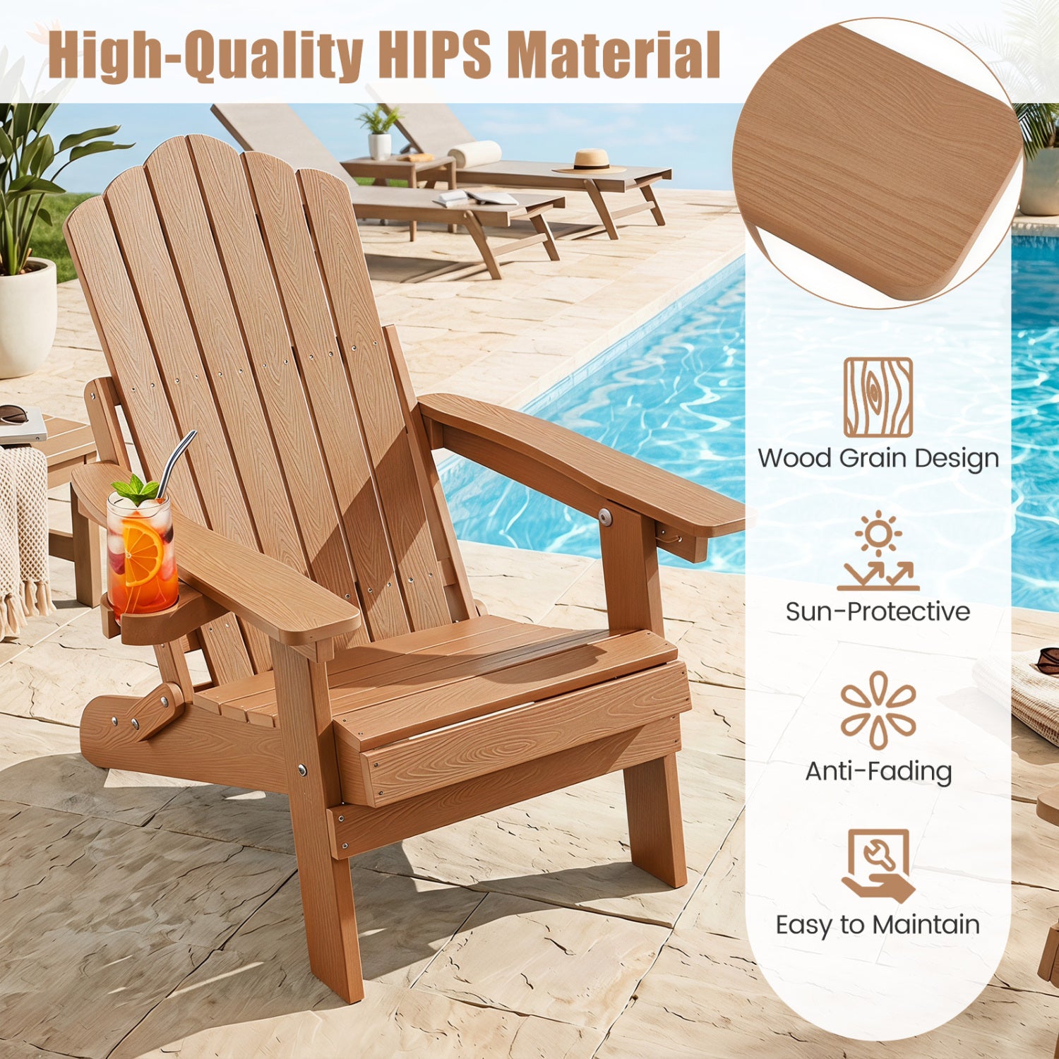Outdoor Folding Adirondack Chair with Cup Holder and 5-Level Backrest-Coffee