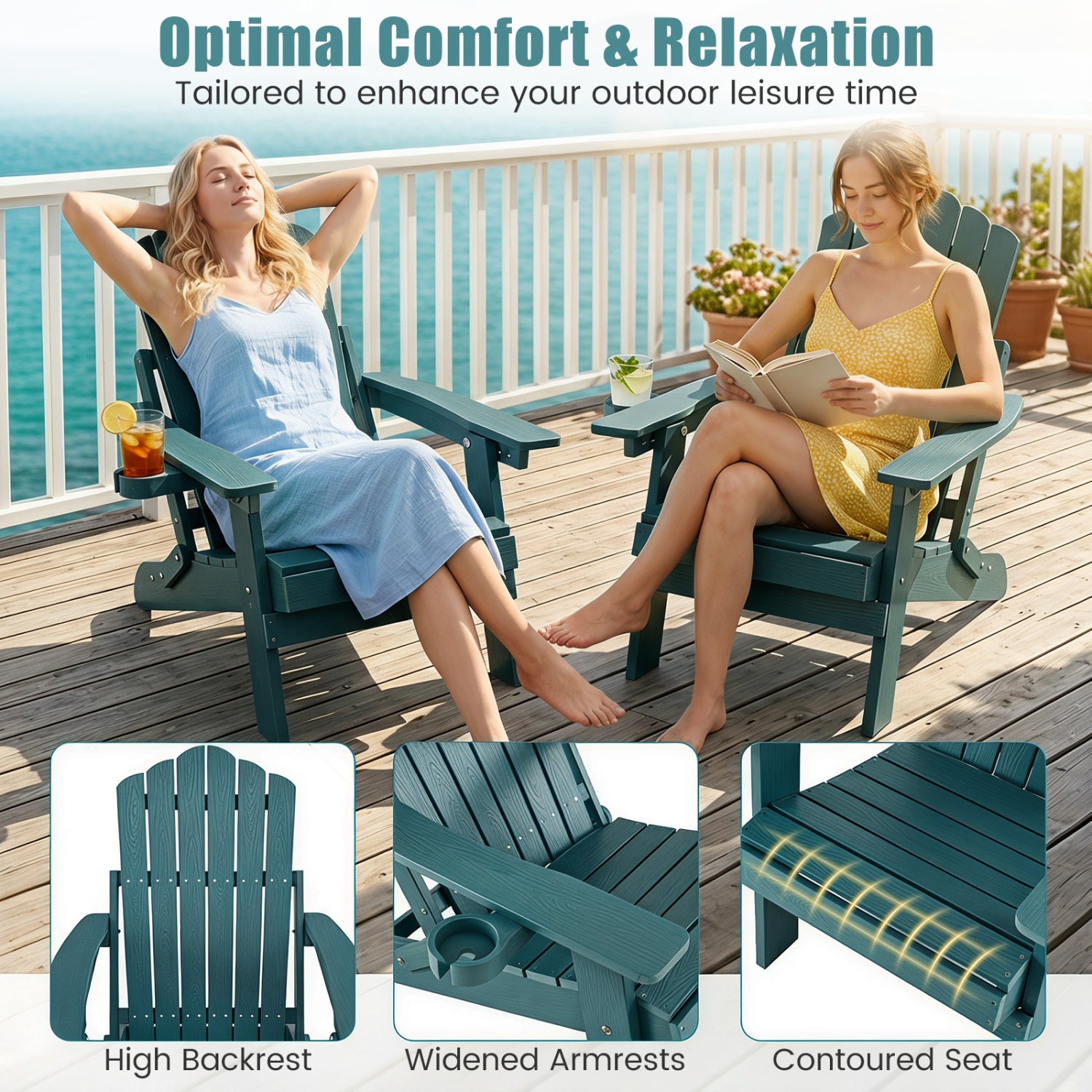 Outdoor Folding Adirondack Chair with Cup Holder and 5-Level Backrest-Green