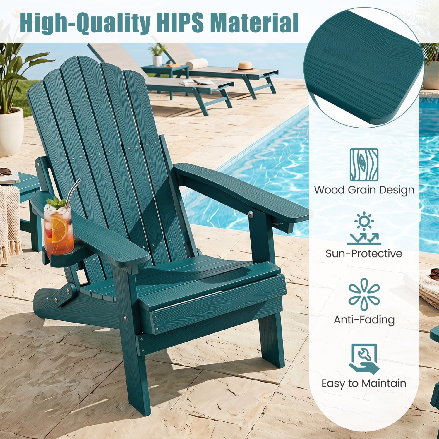 Outdoor Folding Adirondack Chair with Cup Holder and 5-Level Backrest-Green