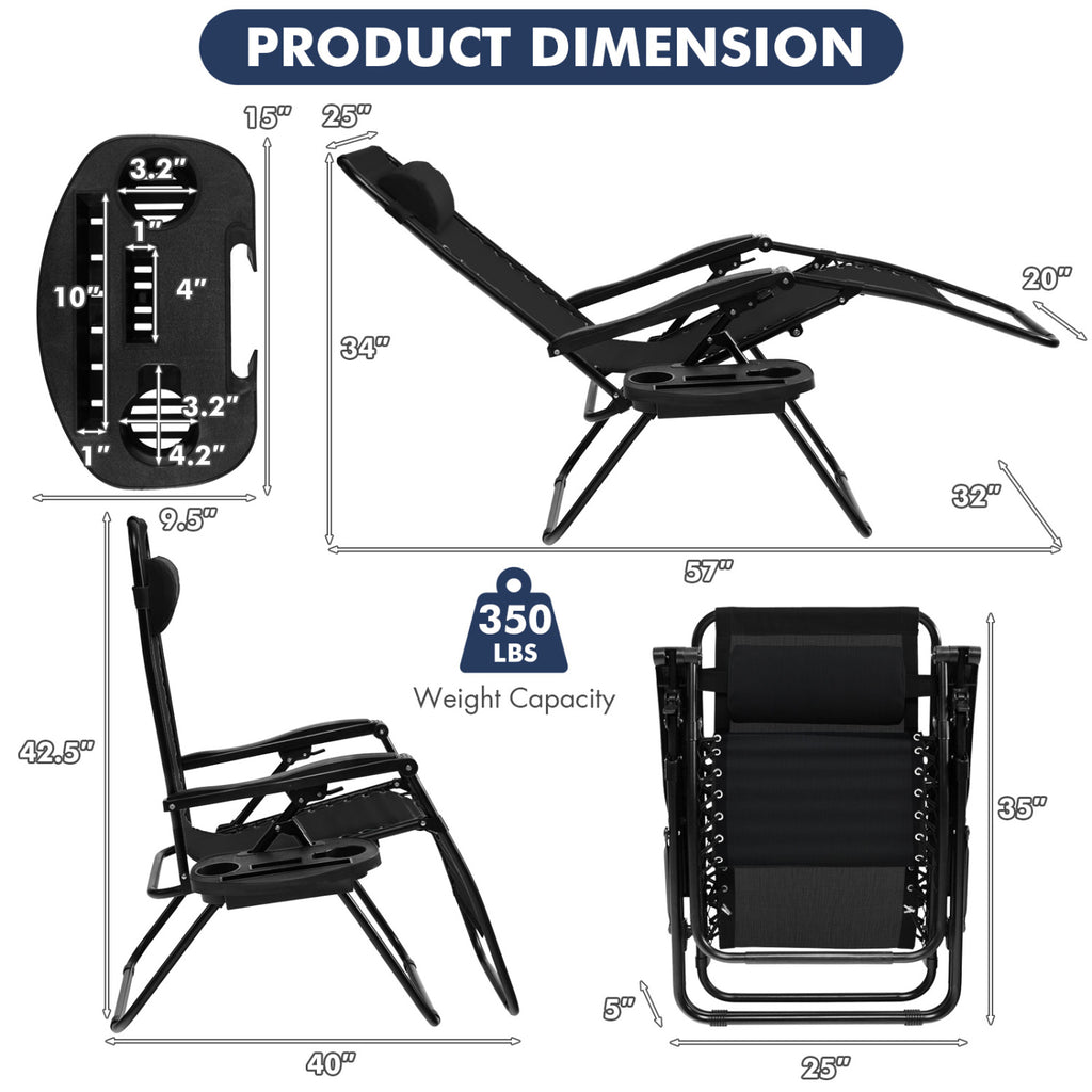 Outdoor Folding Zero Gravity Reclining Lounge Chair with Utility Tray-Black