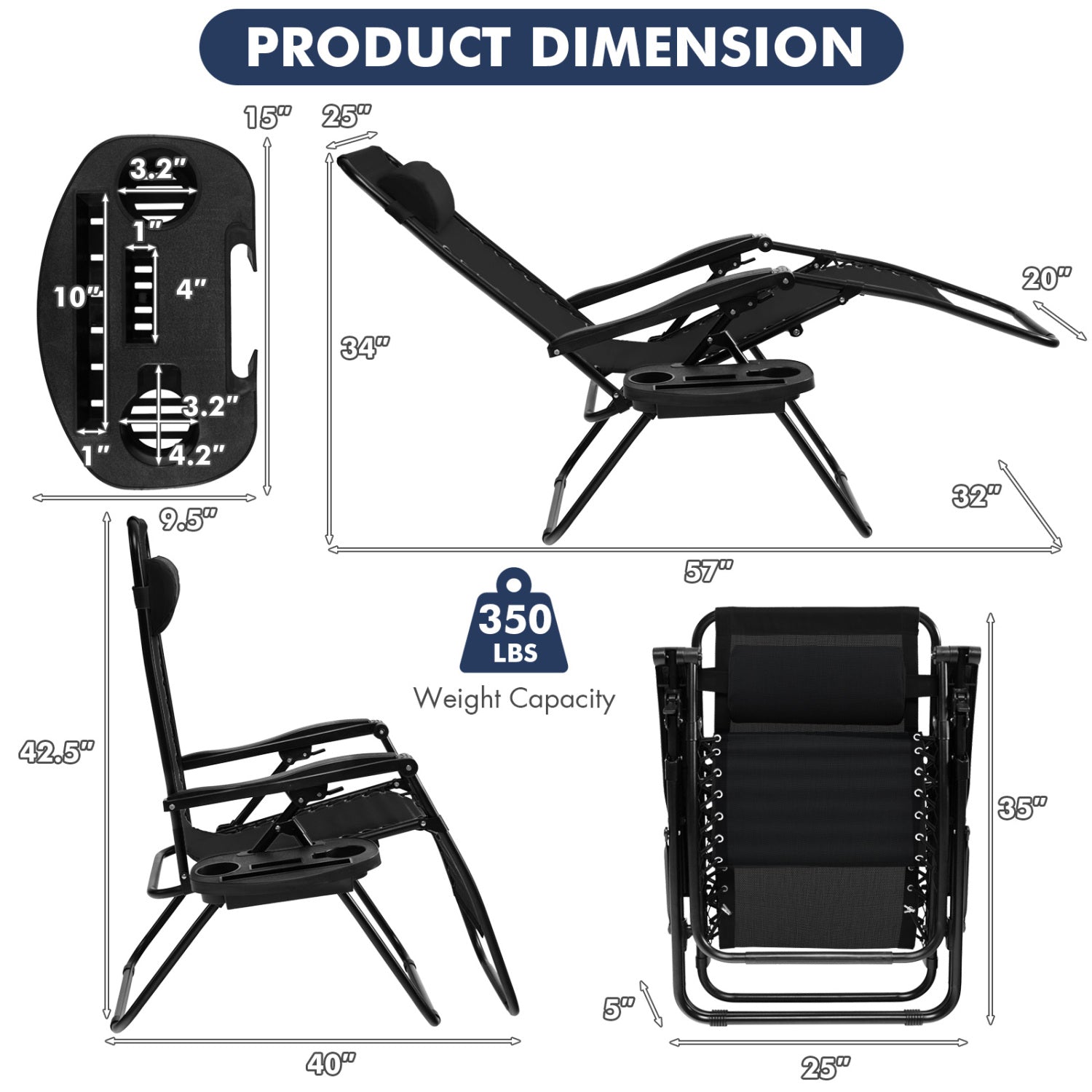 Outdoor Folding Zero Gravity Reclining Lounge Chair with Utility Tray-Black