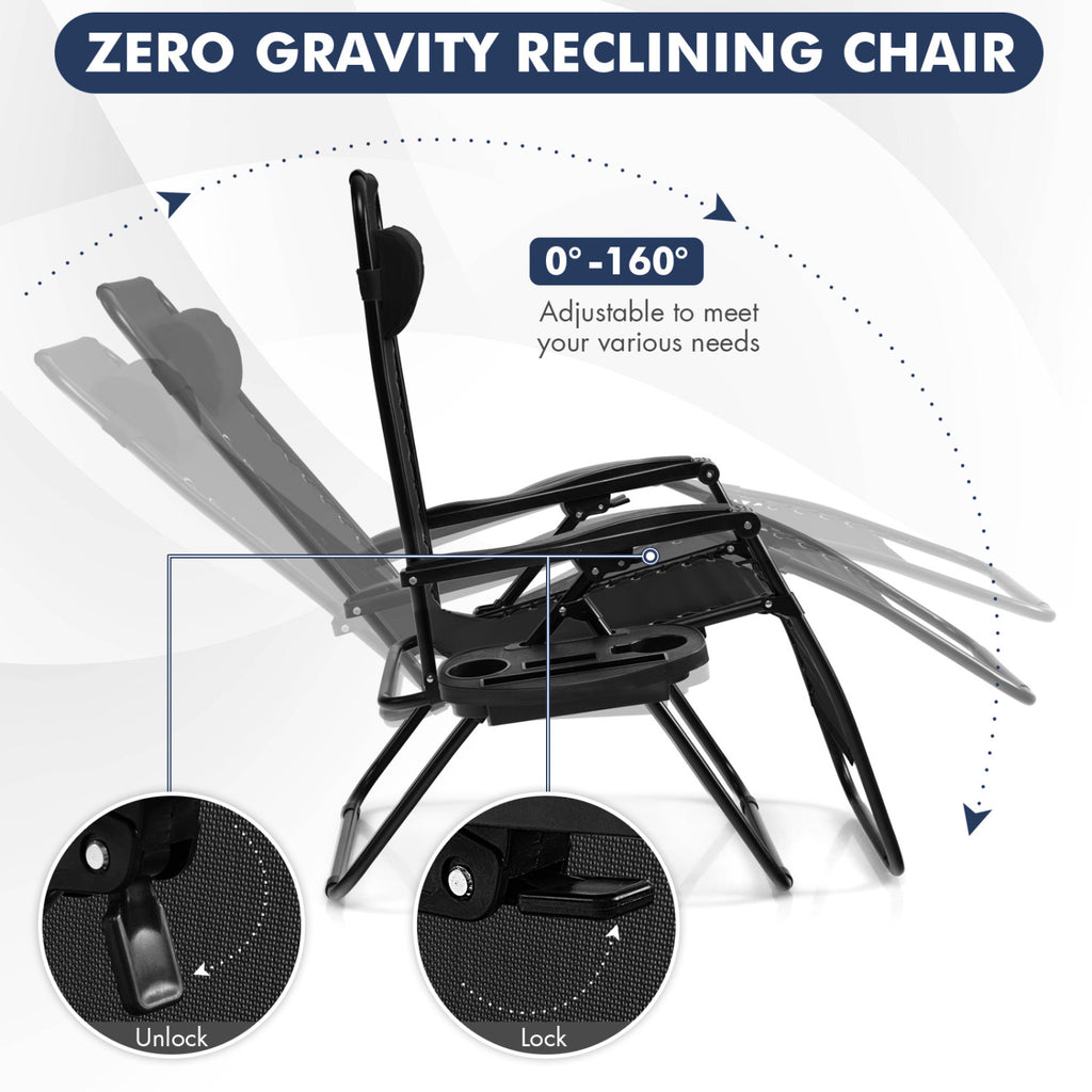 Outdoor Folding Zero Gravity Reclining Lounge Chair with Utility Tray-Black