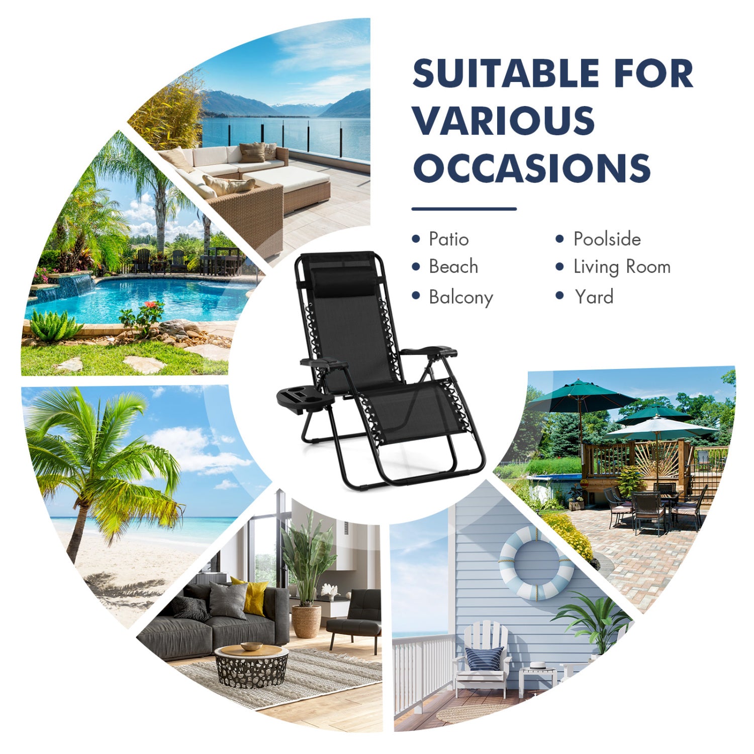 Outdoor Folding Zero Gravity Reclining Lounge Chair with Utility Tray-Black