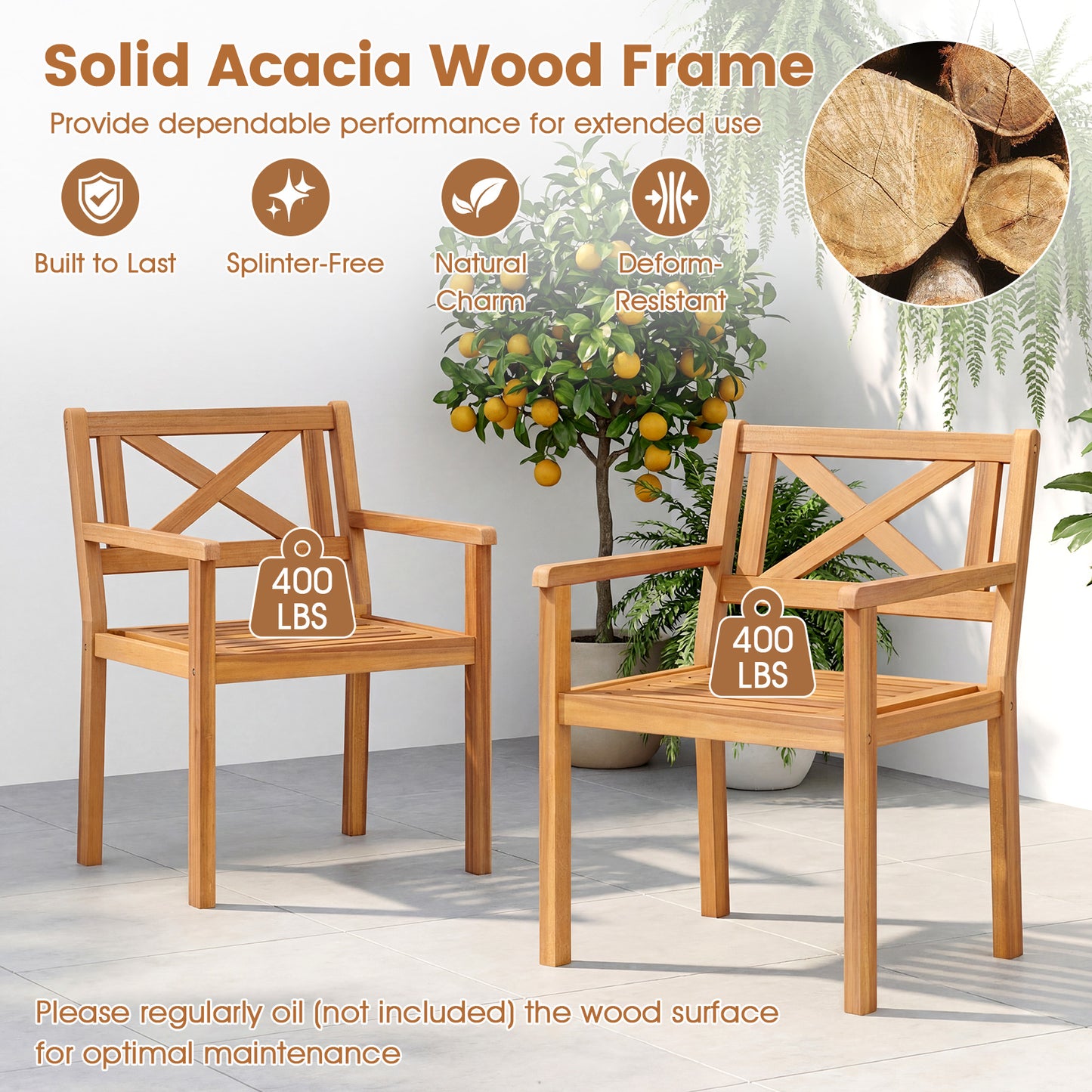 Outdoor Garden Acacia Wood Patio Dining Chairs for Porch-Set of 4