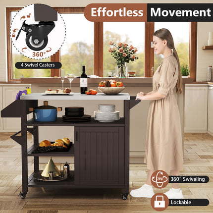 Outdoor Grill Cart with Storage Cabinet Shelves and Stainless Steel Top-Brown