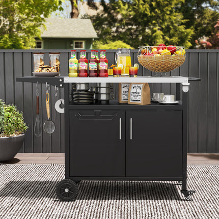 Outdoor Grill Cart with Storage and Folding Stainless Steel Top-Black