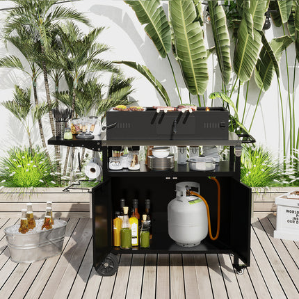 Outdoor Grill Cart with Storage and Folding Stainless Steel Top-Black