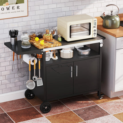 Outdoor Grill Cart with Storage and Folding Stainless Steel Top-Black
