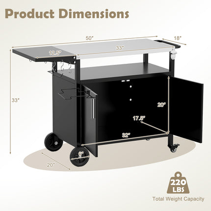 Outdoor Grill Cart with Storage and Folding Stainless Steel Top-Black