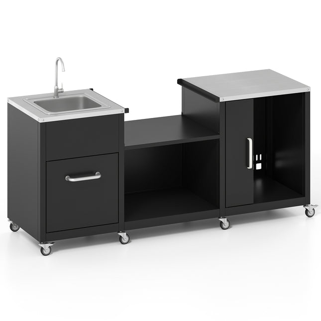 Outdoor Grill Table with Sink and Drainage Heavy Duty Metal Grill Cart-Black
