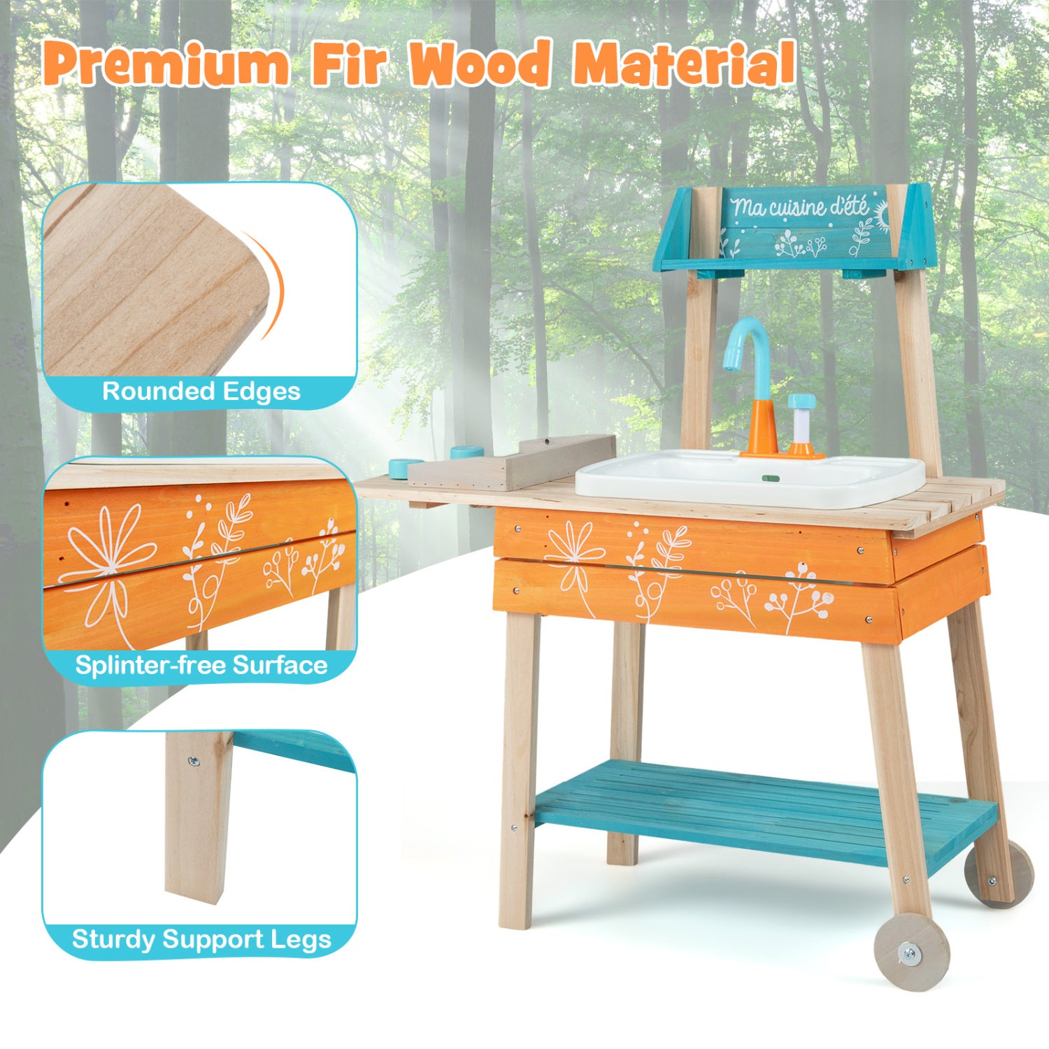 Outdoor Kids Play Kitchen Set Wooden Toy Kitchen Playset with Removable Sink-Orange