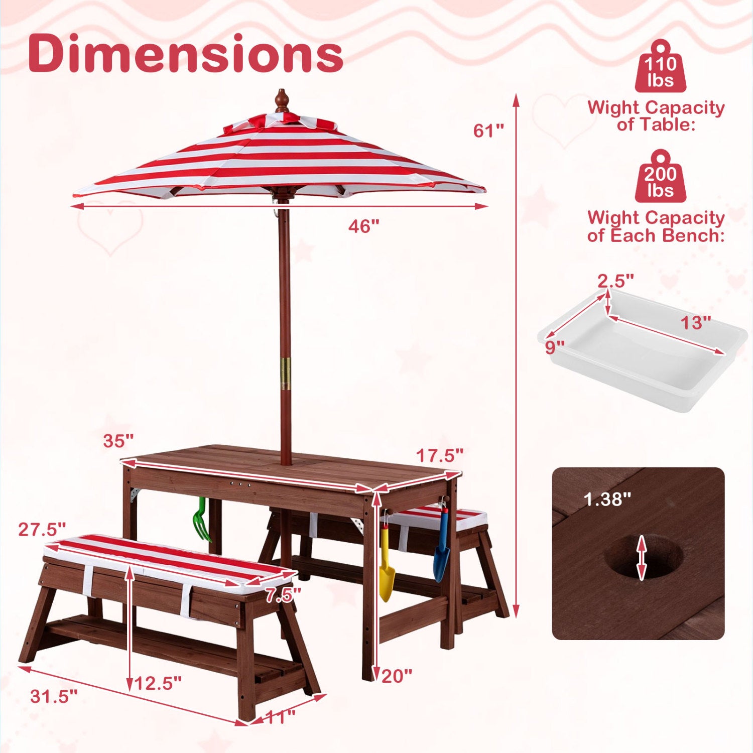 Outdoor Kids Wooden Picnic Table and Benches Set with Umbrella-Red
