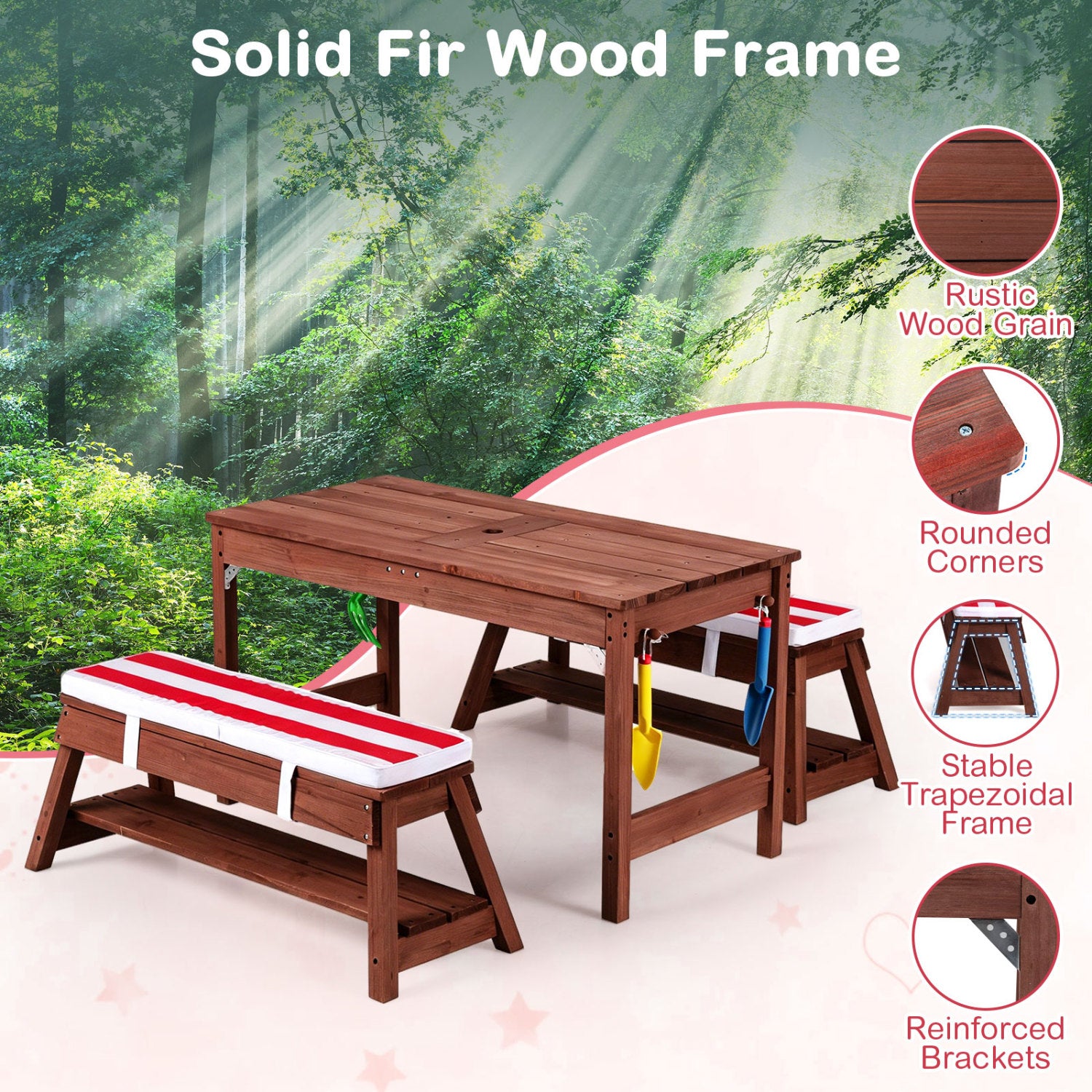 Outdoor Kids Wooden Picnic Table and Benches Set with Umbrella-Red