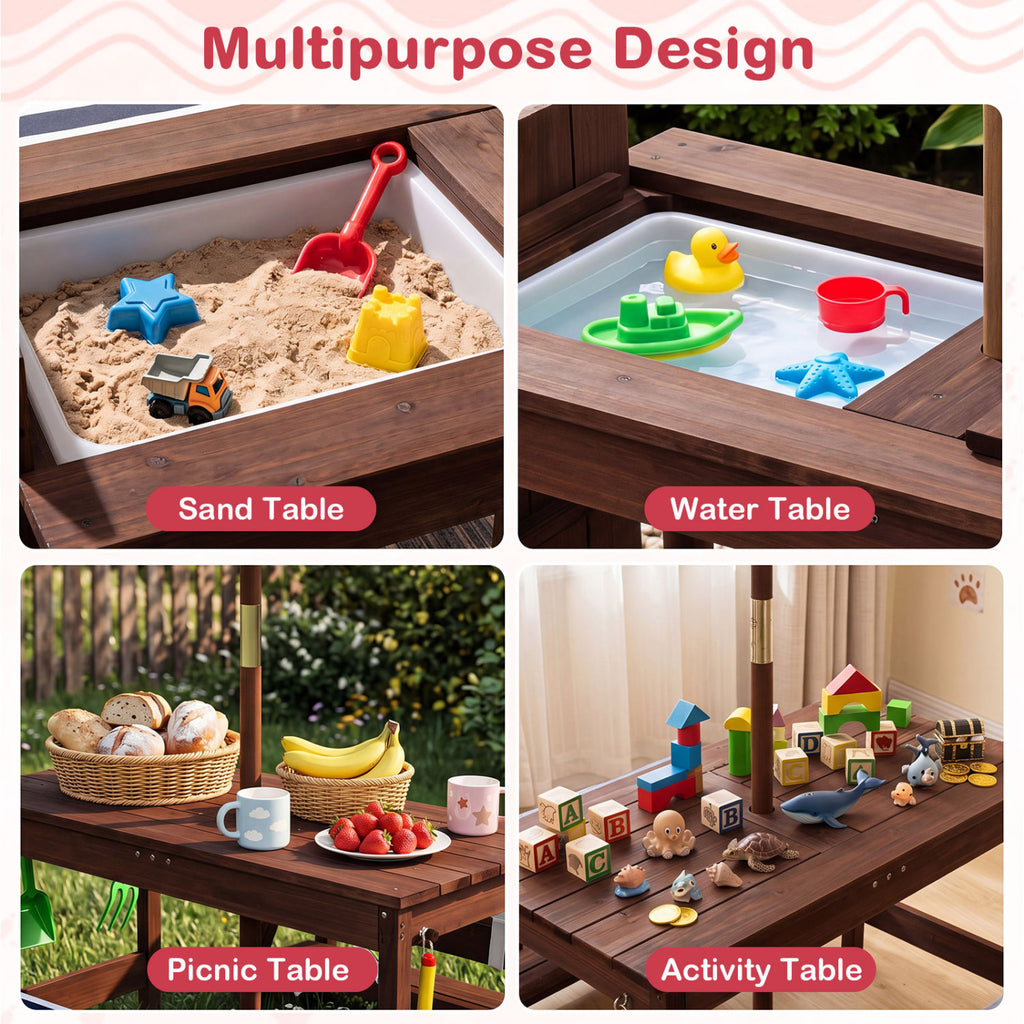 Outdoor Kids Wooden Picnic Table and Benches Set with Umbrella-Red