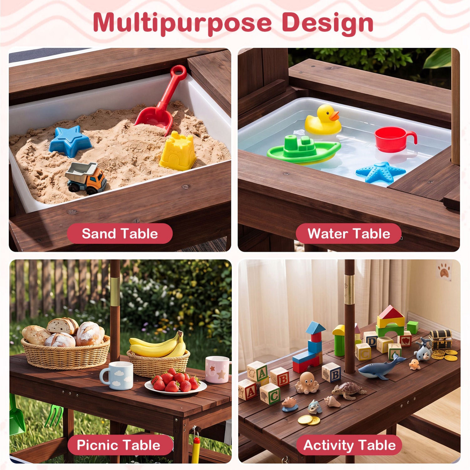 Outdoor Kids Wooden Picnic Table and Benches Set with Umbrella-Red