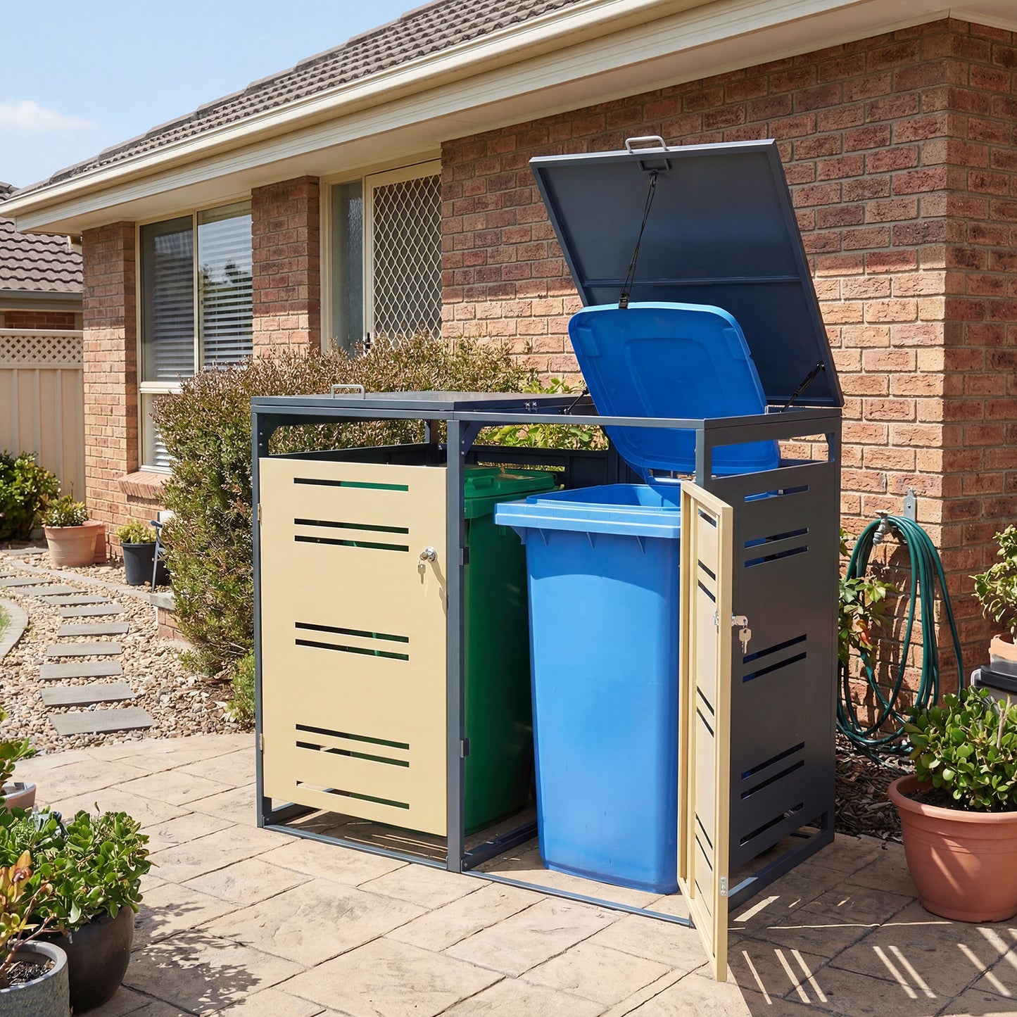 Outdoor Metal Garbage Bin Storage Shed for 2 Trash Cans-Yellow