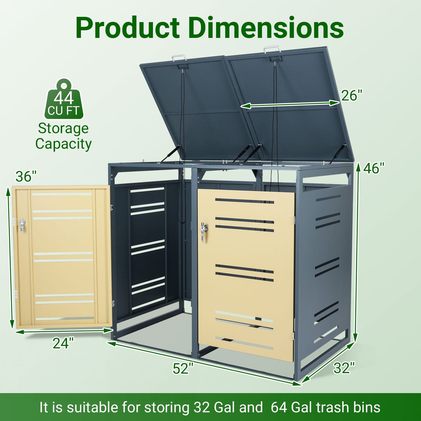 Outdoor Metal Garbage Bin Storage Shed for 2 Trash Cans-Yellow
