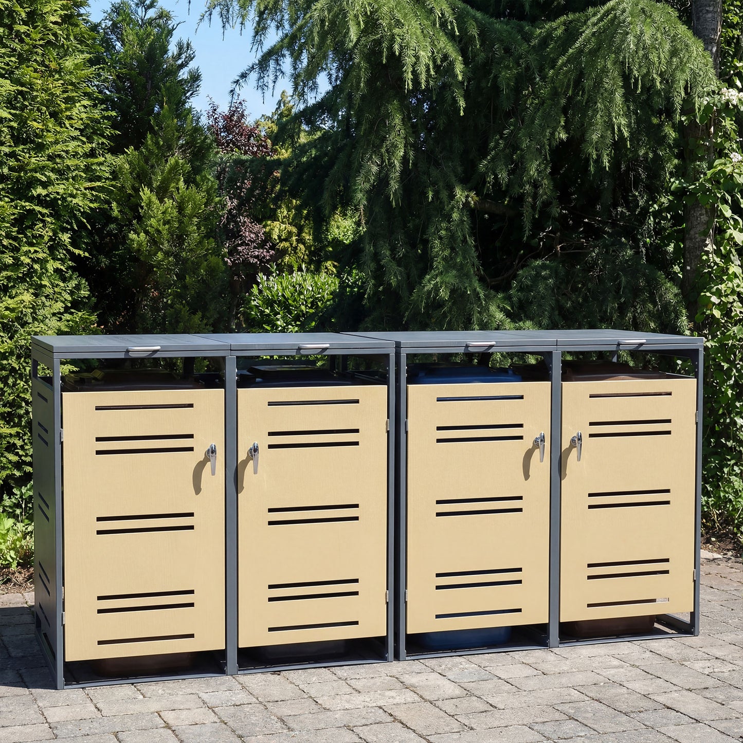 Outdoor Metal Garbage Bin Storage Shed for 2 Trash Cans-Yellow