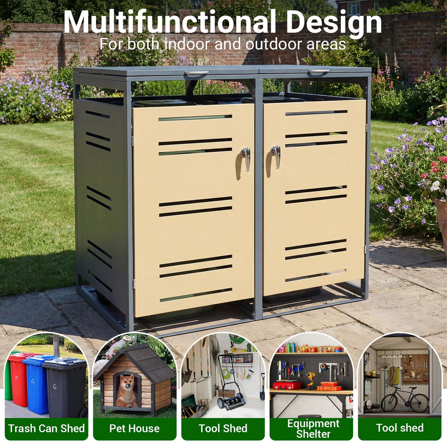 Outdoor Metal Garbage Bin Storage Shed for 2 Trash Cans-Yellow