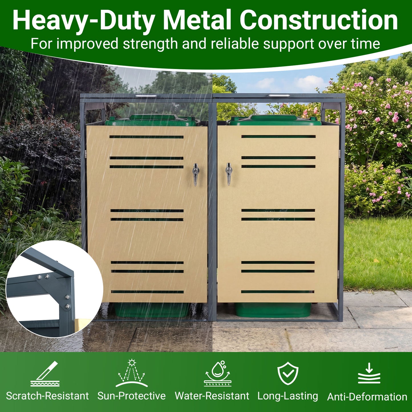 Outdoor Metal Garbage Bin Storage Shed for 2 Trash Cans-Yellow