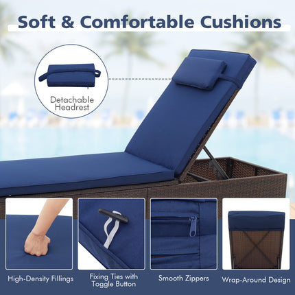 Outdoor PE RattanChaise Lounge with 6-level Backrest-Navy