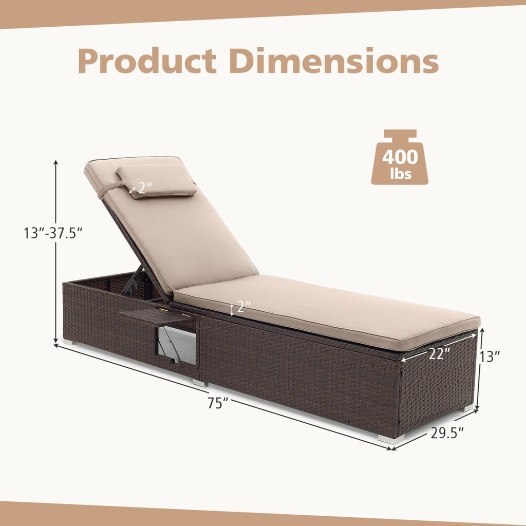 Outdoor PE Rattan Chaise Lounge with 6-Position Adjustable Backrest and Foldable Side Table-Brown