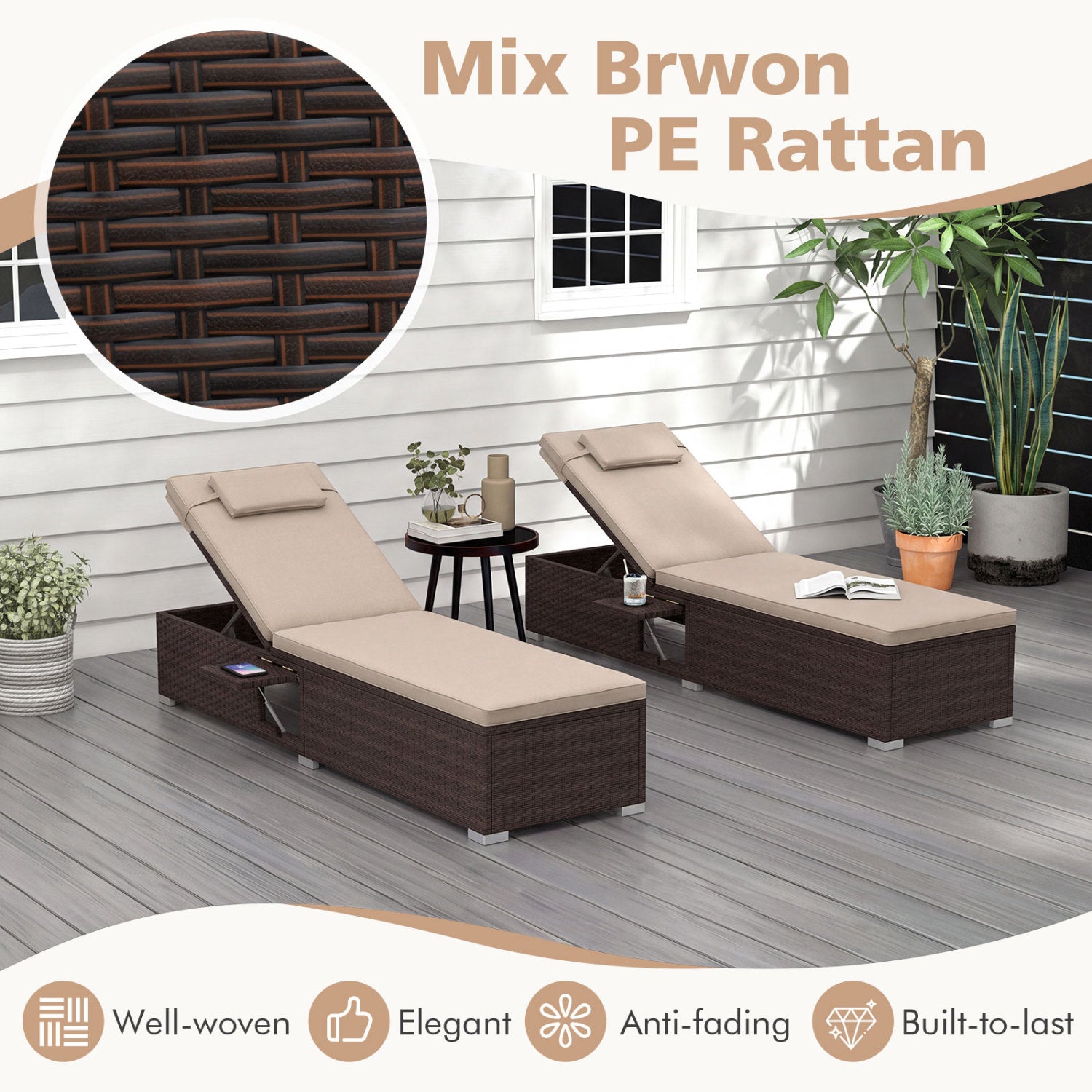 Outdoor PE Rattan Chaise Lounge with 6-Position Adjustable Backrest and Foldable Side Table-Brown