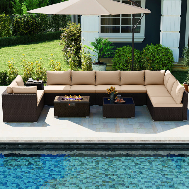 Outdoor PE Rattan Conversation Set with 32†Propane Fire Pit Table and Tank Holder-Beige